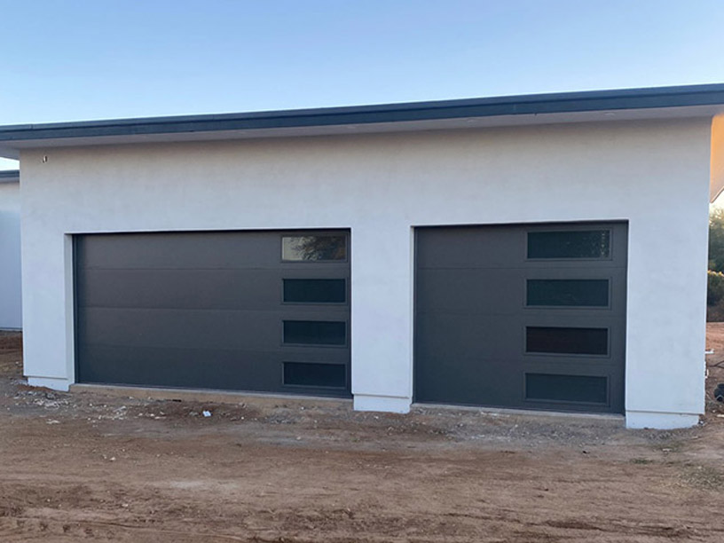 16x8 + 9x8 Modern Poly Tempered Charcoal Long Panels Doors with Frosted Glass in Waddell, AZ